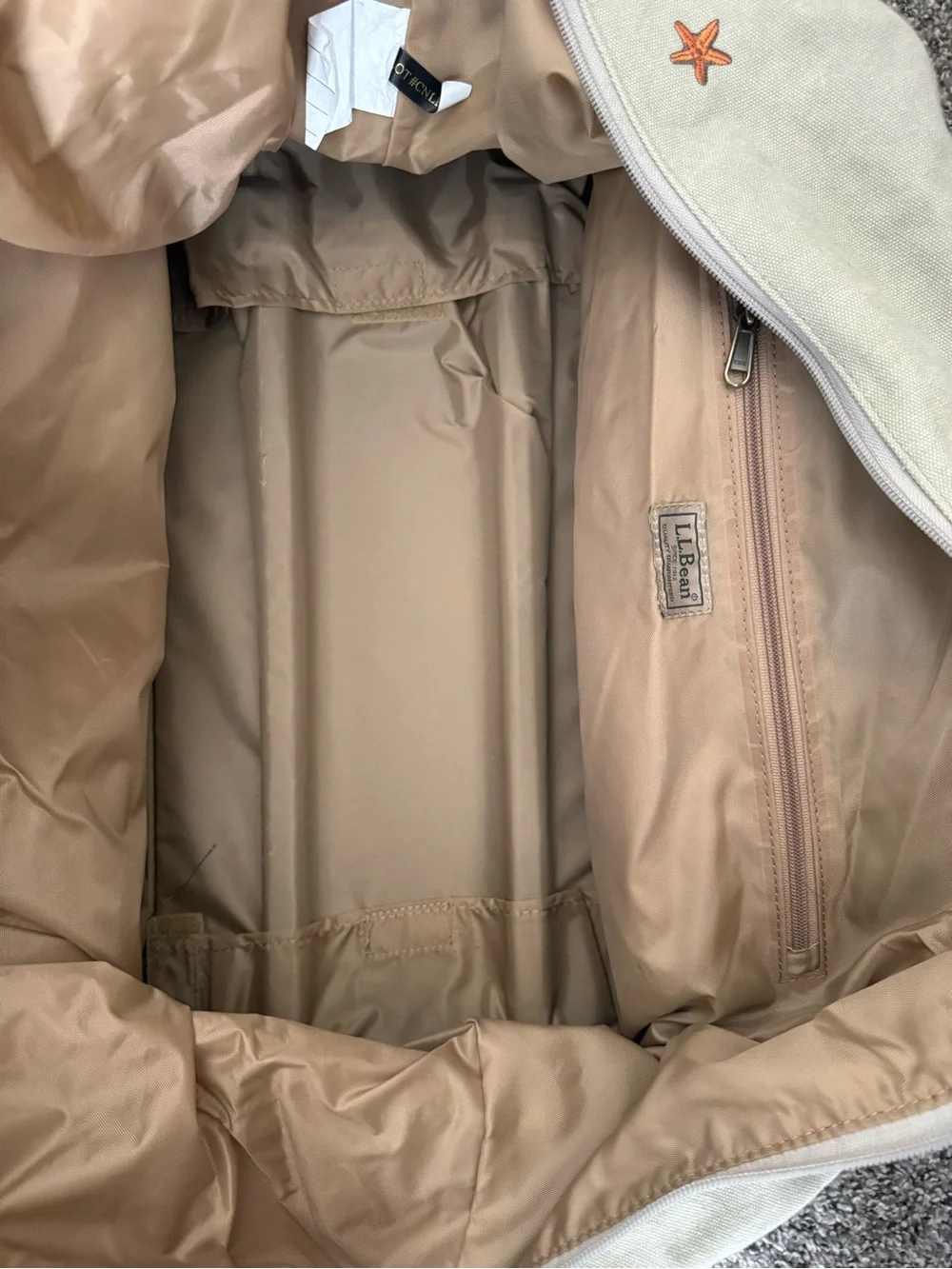 L.L. Bean Cream Canvas Duffel with Brown Straps and Orange Star Accents